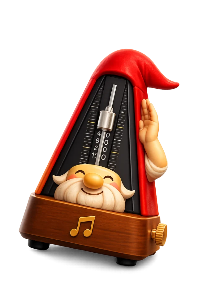 The MetroGnome gnome with a hand cupped beside his hat, listening