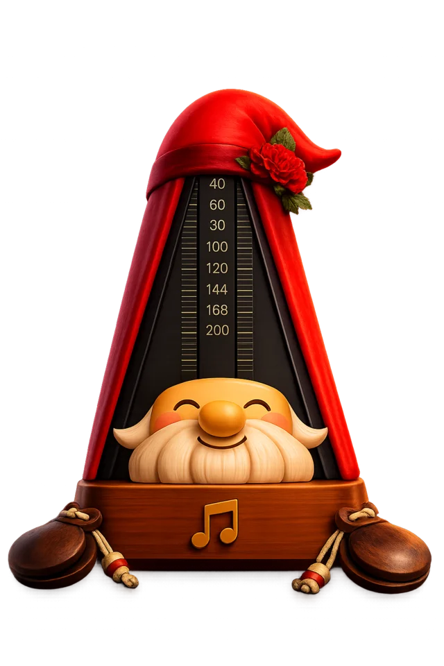 The MetroGnome gnome with a red carnation in his hat band and wooden castanets resting against his base