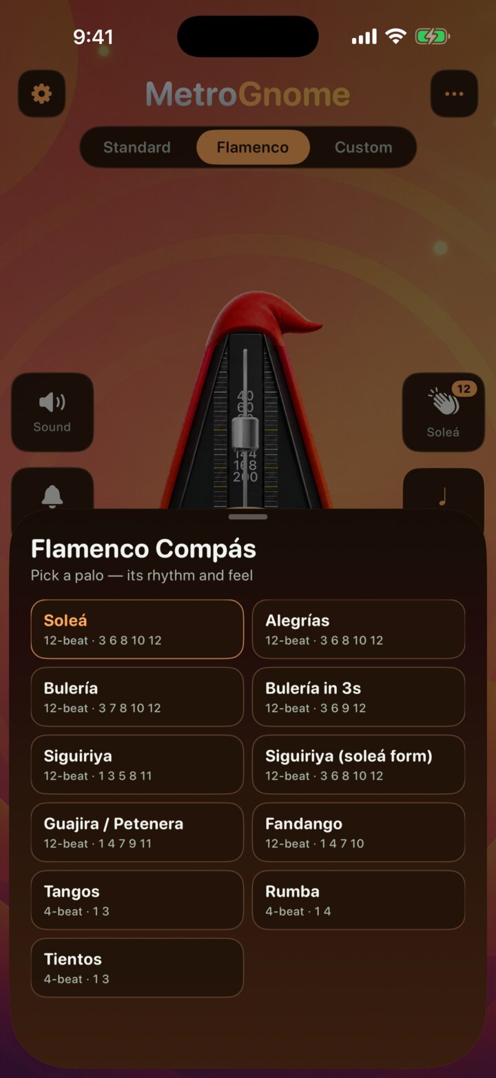 MetroGnome flamenco compás picker listing palos — Soleá, Alegrías, Bulería, Siguiriya, Guajira, Fandango, Tangos, Rumba, Tientos — each with its accent beats