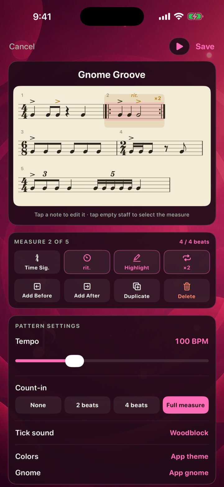 MetroGnome rhythm pattern editor showing staff notation with notes, rests and time signatures on a parchment card