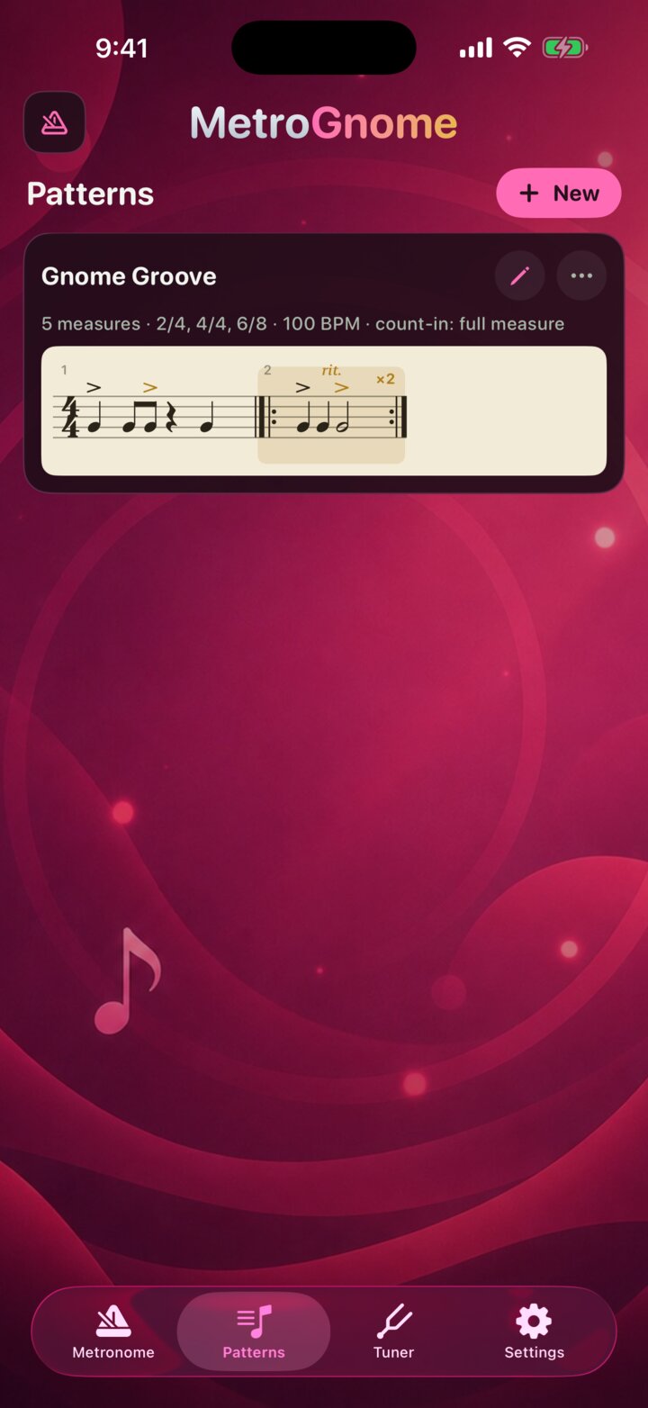 MetroGnome pattern library with saved rhythm patterns, each remembering its own sound and theme