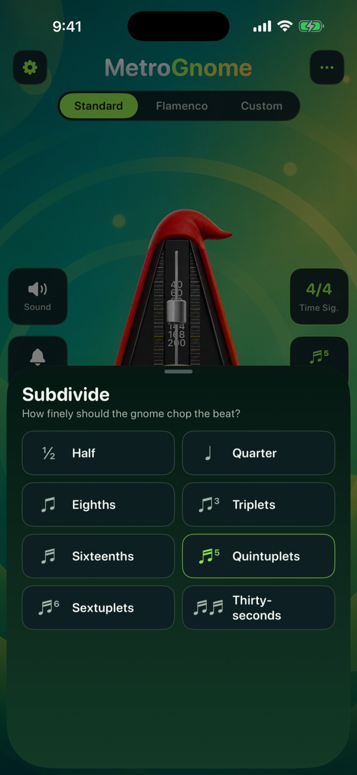 MetroGnome subdivision picker showing quintuplets selected, with half note through thirty-second note options