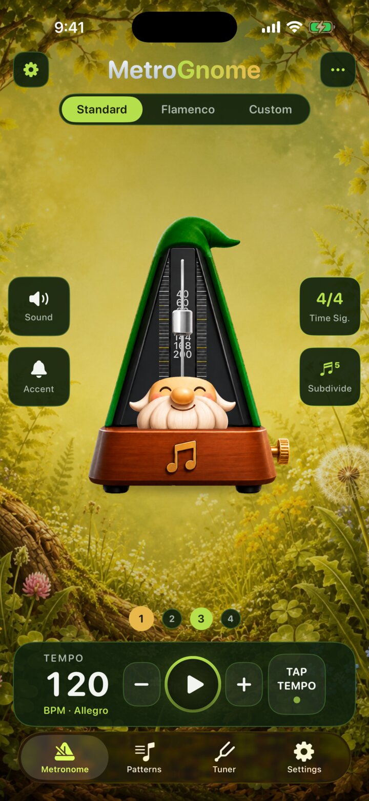 MetroGnome with the Woodland Green gnome in the Sunlit Glade scene