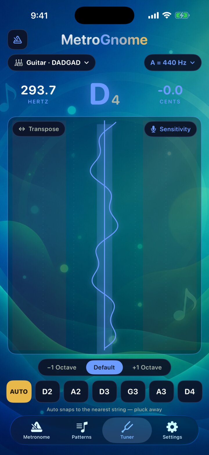 MetroGnome tuner in DADGAD guitar tuning showing an in-tune string with the center-line glow