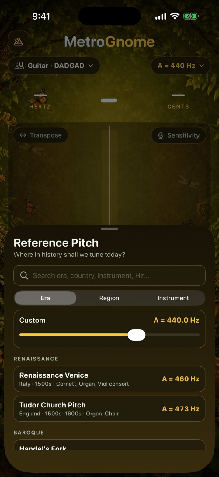 MetroGnome reference pitch library listing historical tuning standards with their origins
